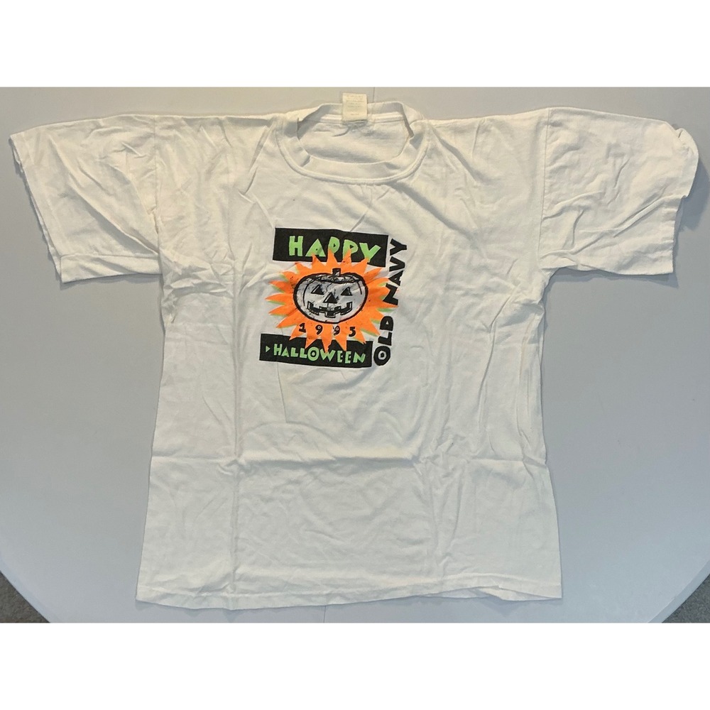VTG  90s Single Stitch Old Navy Halloween Pumpkin‎ White T Shirt Mens L